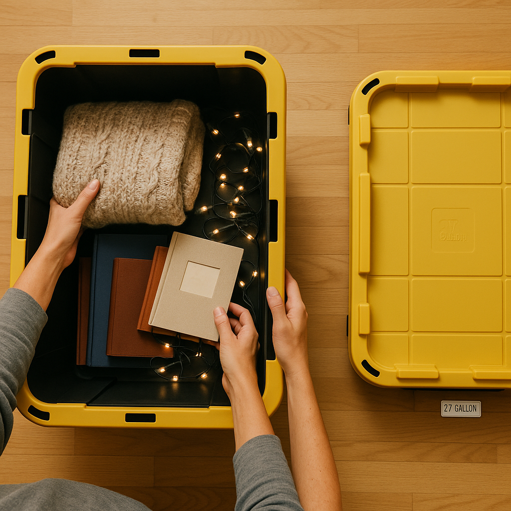 Person packing items into a storage tote